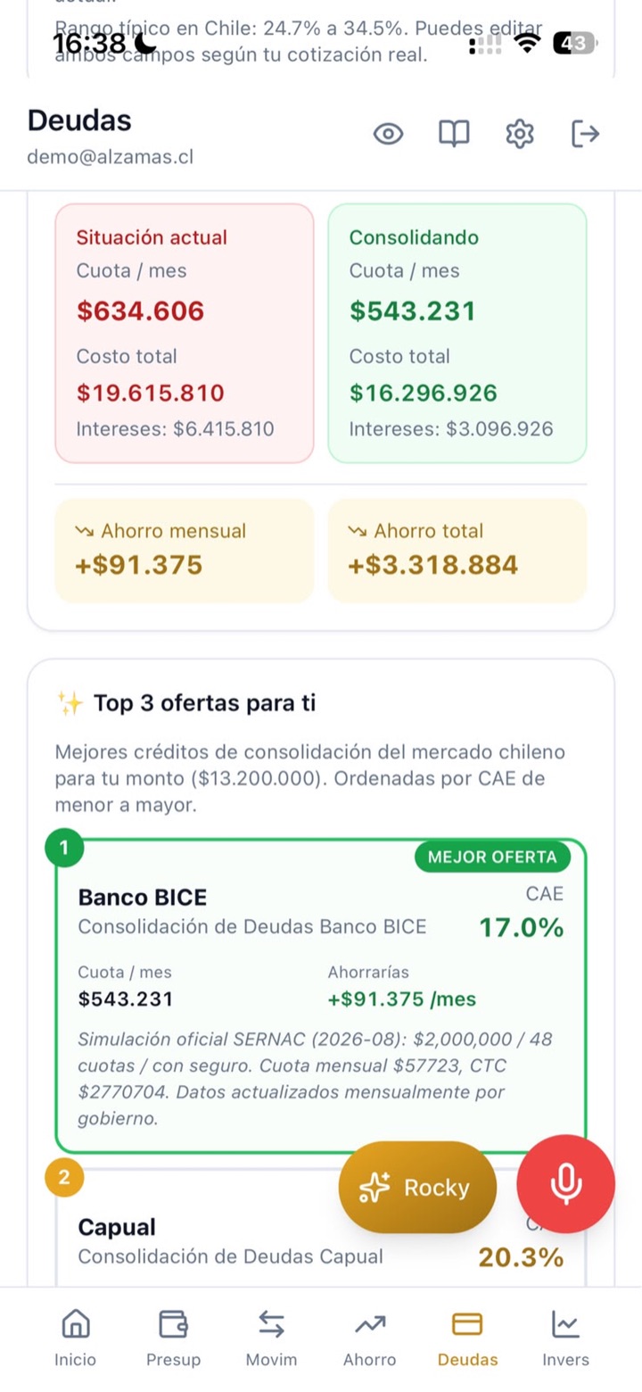 Pantalla Deudas: cuota actual de $634.606 contra $543.231 consolidando, ahorro de $91.375 al mes y las mejores ofertas ordenadas por CAE