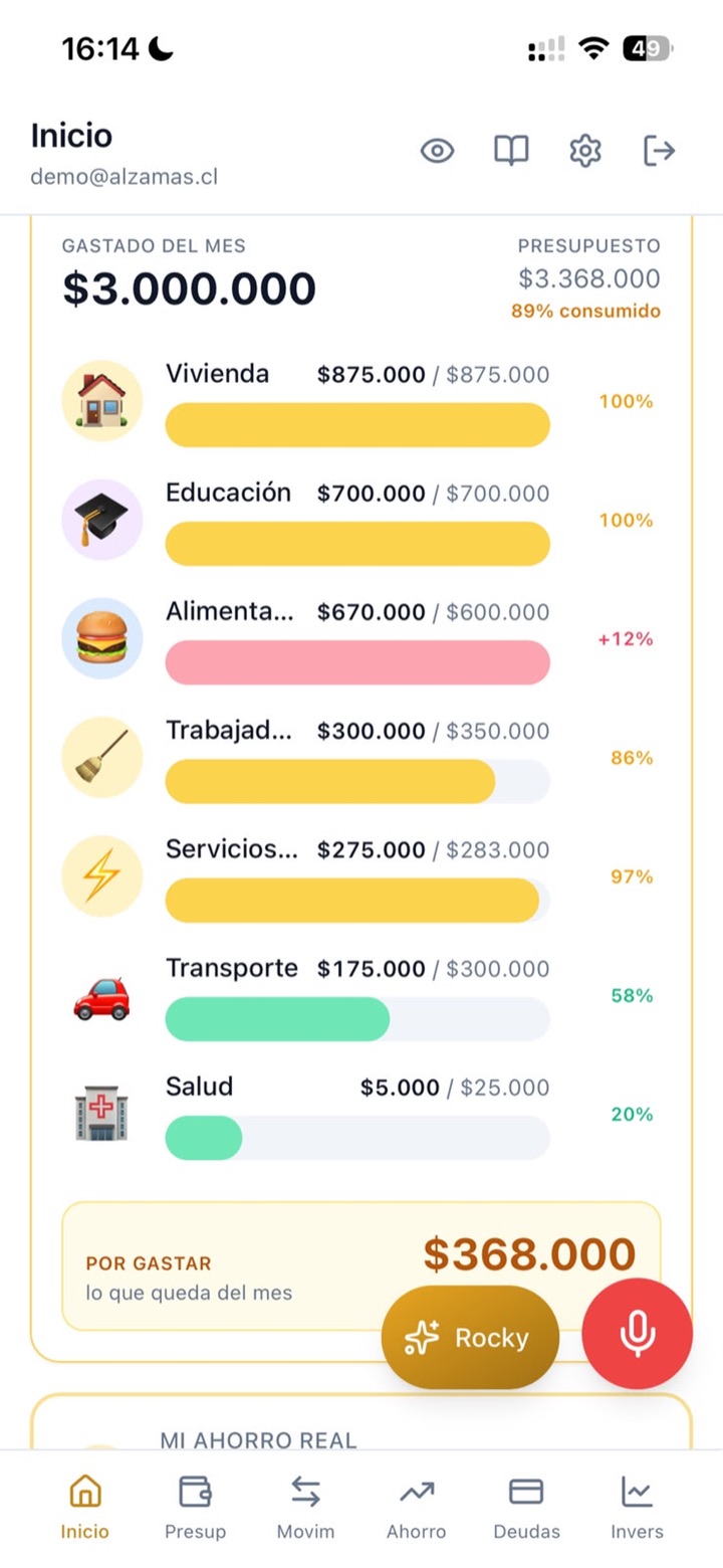 Pantalla de inicio de Alza Más: $3.000.000 gastados de un presupuesto de $3.368.000, el avance por categoría y $368.000 por gastar en lo que queda del mes