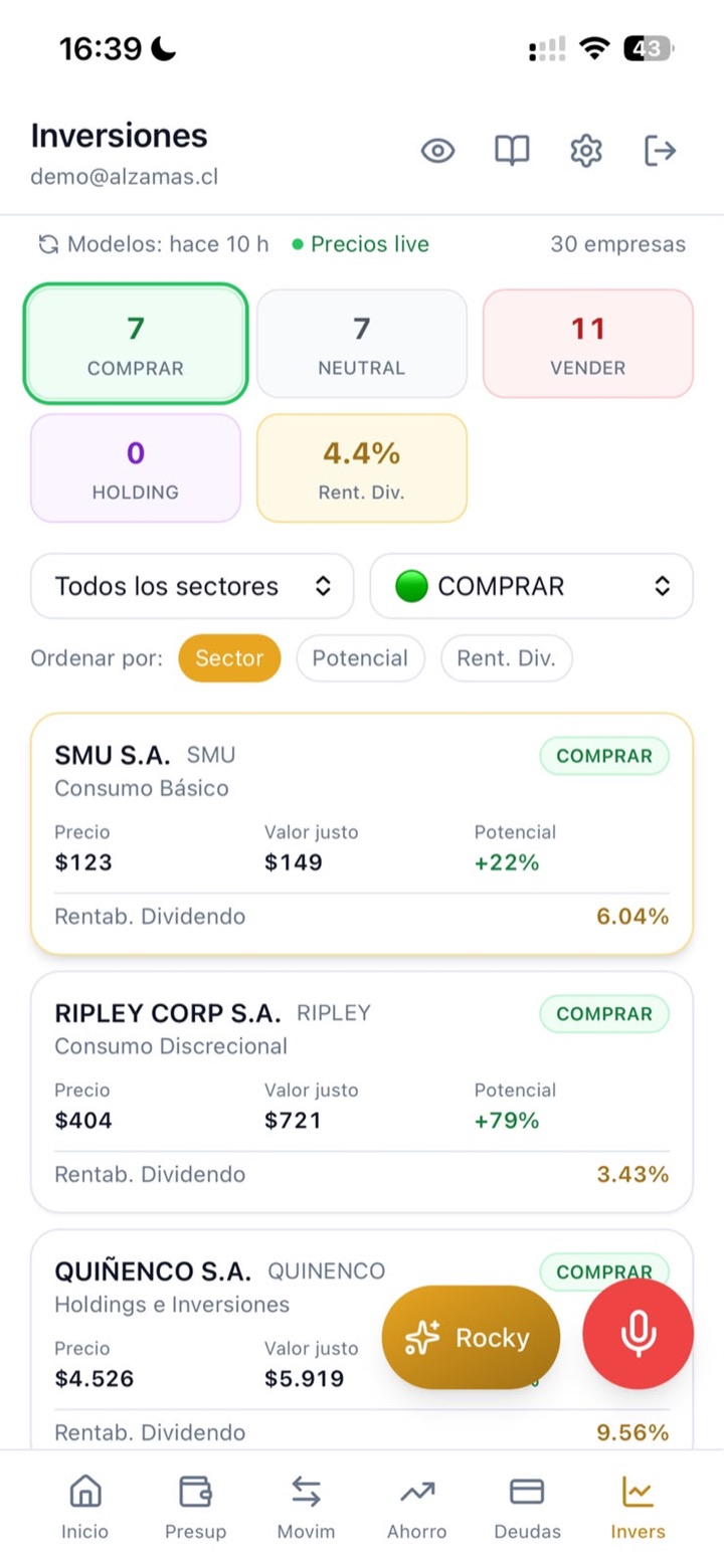 Pantalla Inversiones: señales de compra, neutral y venta para las acciones del IPSA, con precio, valor justo y potencial de cada una